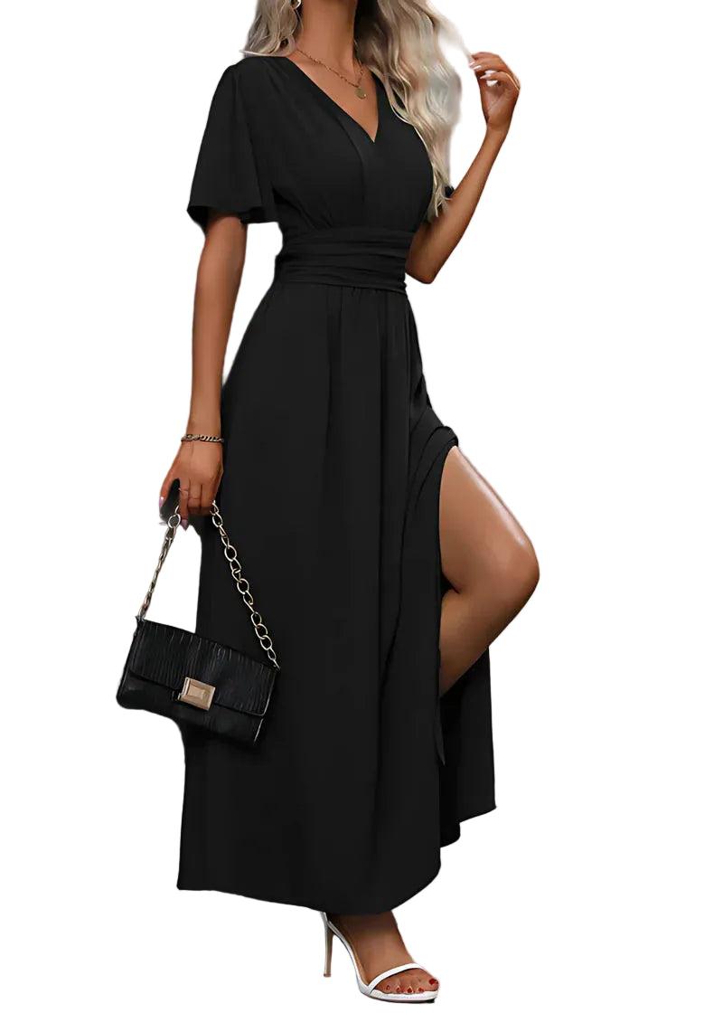 Długa sukienka damska z dekoltem w kształcie V i rękawami motylkowymi-Maxi Dress-Olave