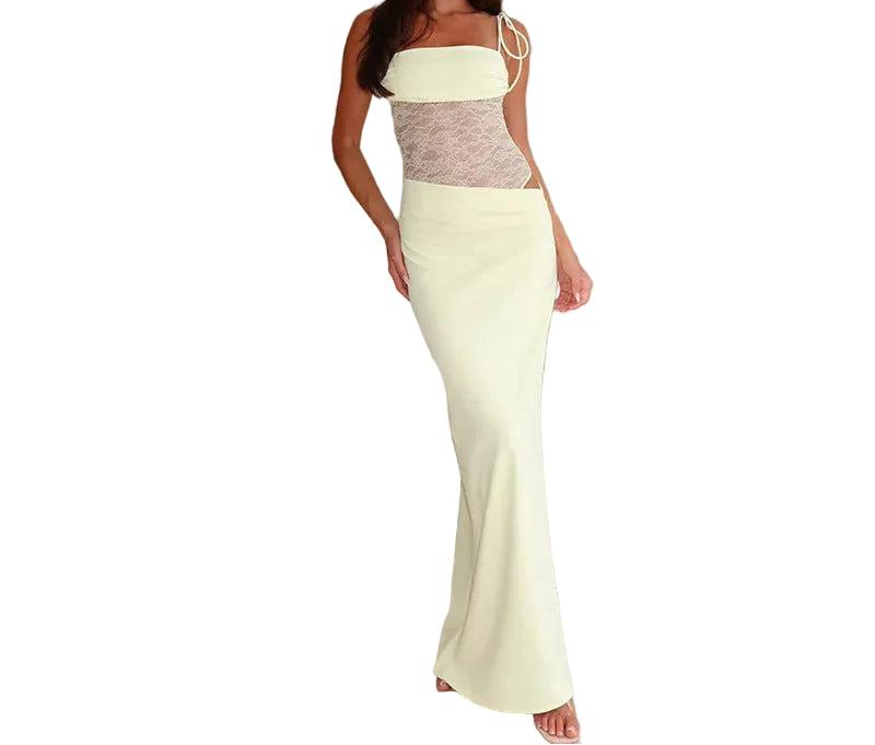 Długa sukienka damska z wiązaniami na ramionach i dopasowanym panelem w talii-Maxi Dress-Olave
