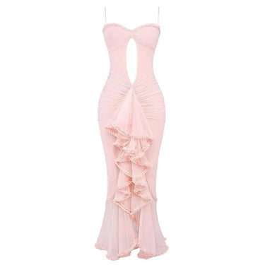 Długa sukienka damska z wycięciem z przodu i panelem falban-Maxi Dress-Olave