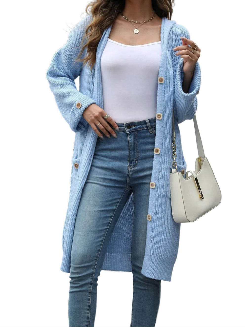 Długi kardigan dzianinowy z zapięciem na guziki i kieszeniami naszywanymi-Cardigans for Women-Olave