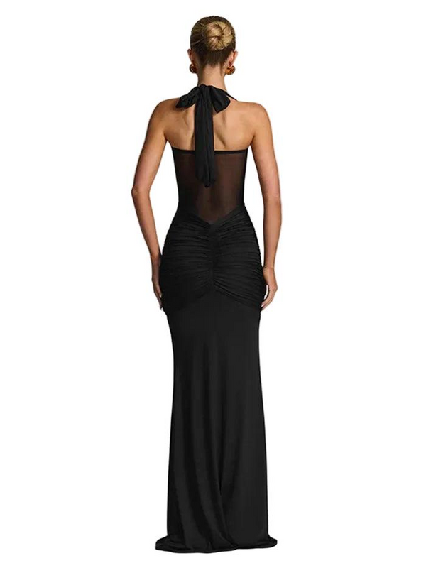 Kobiet Sukienka Maxi z Dekoltem Halter, Transparentnym Panelem i Drapowanym Dołem-Maxi Dress-Olave
