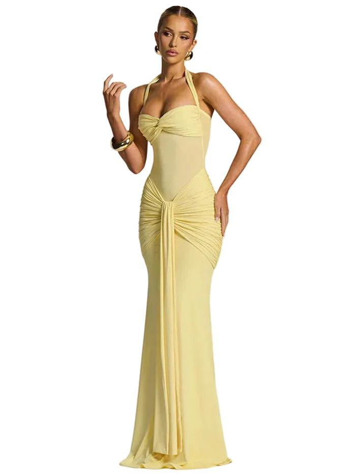Kobiet Sukienka Maxi z Dekoltem Halter, Transparentnym Panelem i Drapowanym Dołem-Maxi Dress-Olave