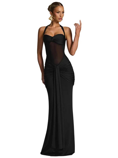 Kobiet Sukienka Maxi z Dekoltem Halter, Transparentnym Panelem i Drapowanym Dołem-Maxi Dress-Olave