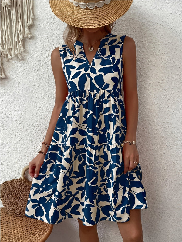 Krótka sukienka damska bez rękawów z dekoltem w serek i warstwowym dołem-Mini Dress-Olave