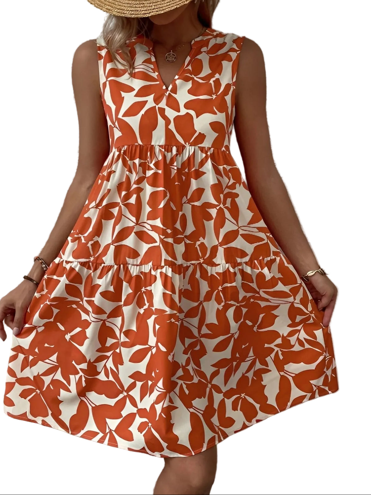 Krótka sukienka damska bez rękawów z dekoltem w serek i warstwowym dołem-Mini Dress-Olave