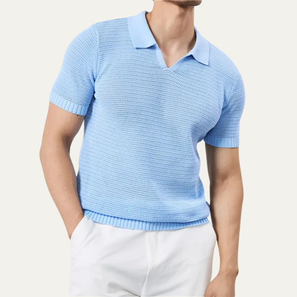 Męska dzianinowa koszula polo z krótkim rękawem i otwartym kołnierzem-Shirts for men-Olave