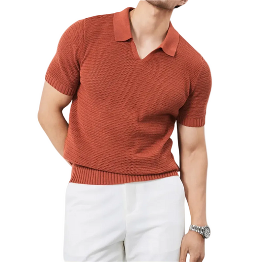 Męska dzianinowa koszula polo z krótkim rękawem i otwartym kołnierzem-Shirts for Men-Olave