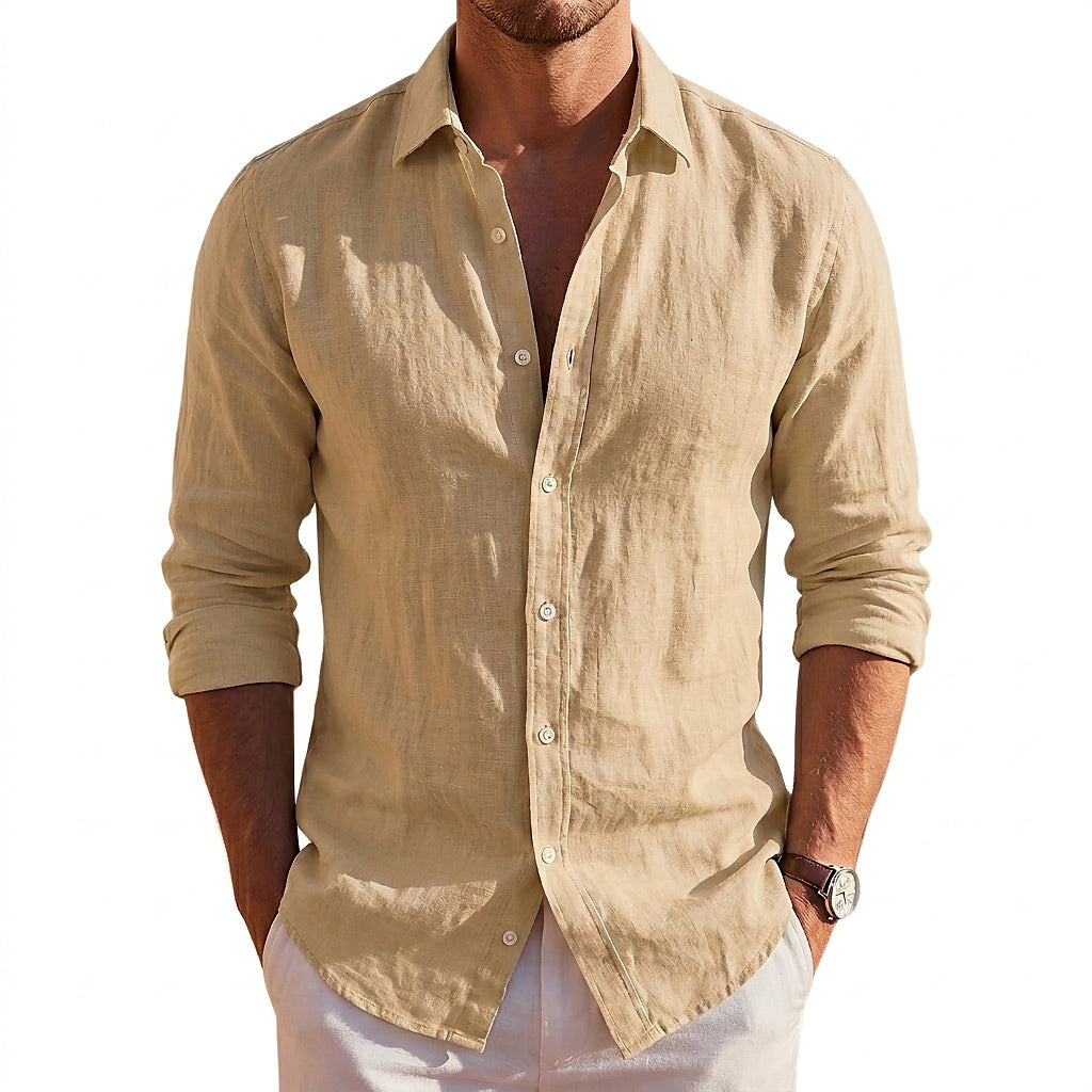 Męska koszula lniana z długim rękawem i guzikami-Shirts for men-Olave