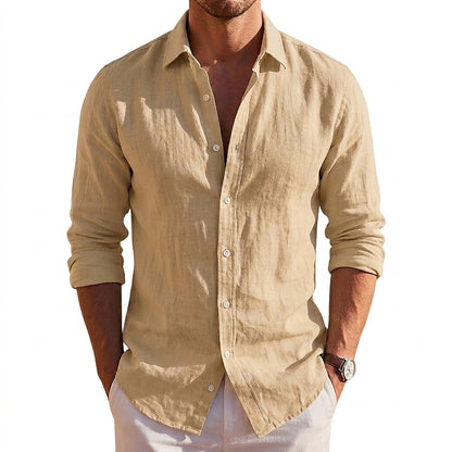 Męska koszula lniana z długim rękawem i guzikami-Shirts for men-Olave