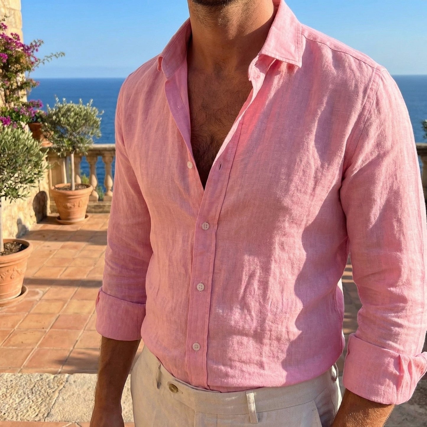 Męska koszula lniana z długim rękawem i guzikami-Shirts for men-Olave