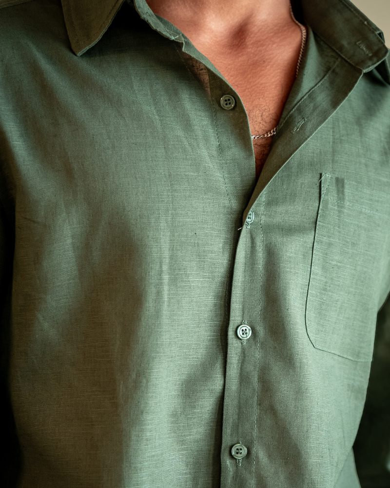 Męska koszula lniana z długim rękawem i kieszenią-Shirts for men-Olave