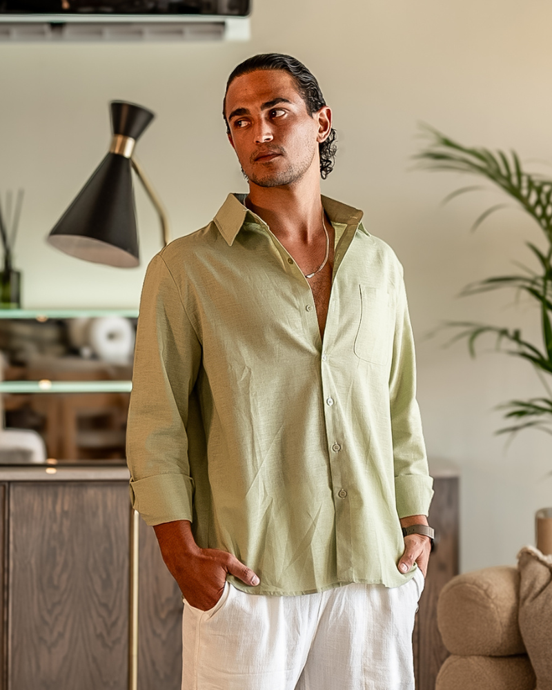 Męska koszula lniana z długim rękawem i kieszenią-Shirts for men-Olave