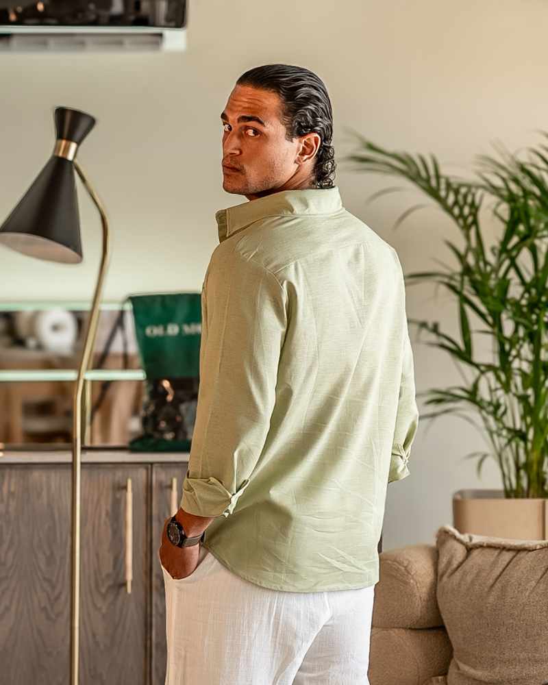 Męska koszula lniana z długim rękawem i kieszenią-Shirts for men-Olave
