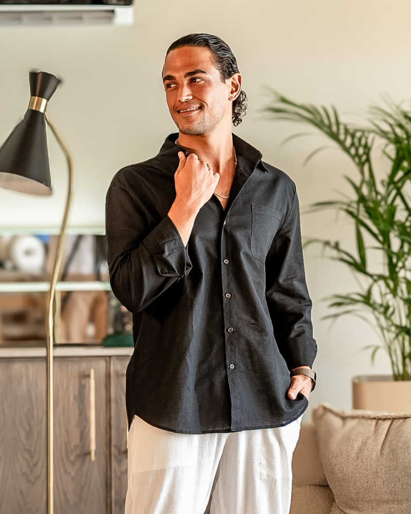 Męska koszula lniana z długim rękawem i kieszenią-Shirts for men-Olave