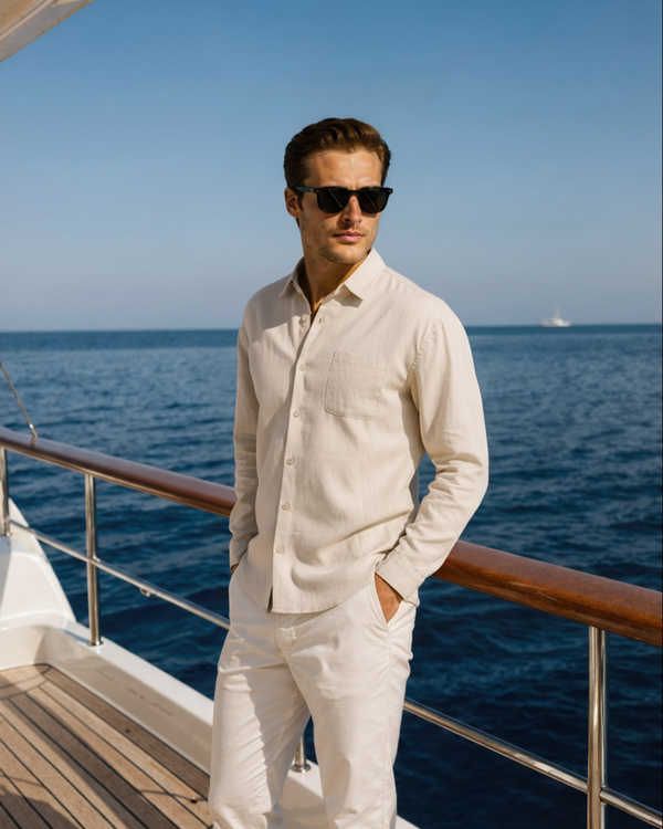 Męska koszula lniana z długim rękawem i kieszenią-Shirts for men-Olave