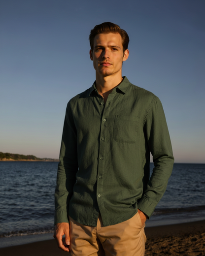 Męska koszula lniana z długim rękawem i kieszenią-Shirts for men-Olave