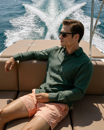 Męska koszula lniana z długim rękawem i kieszenią-Shirts for men-Olave