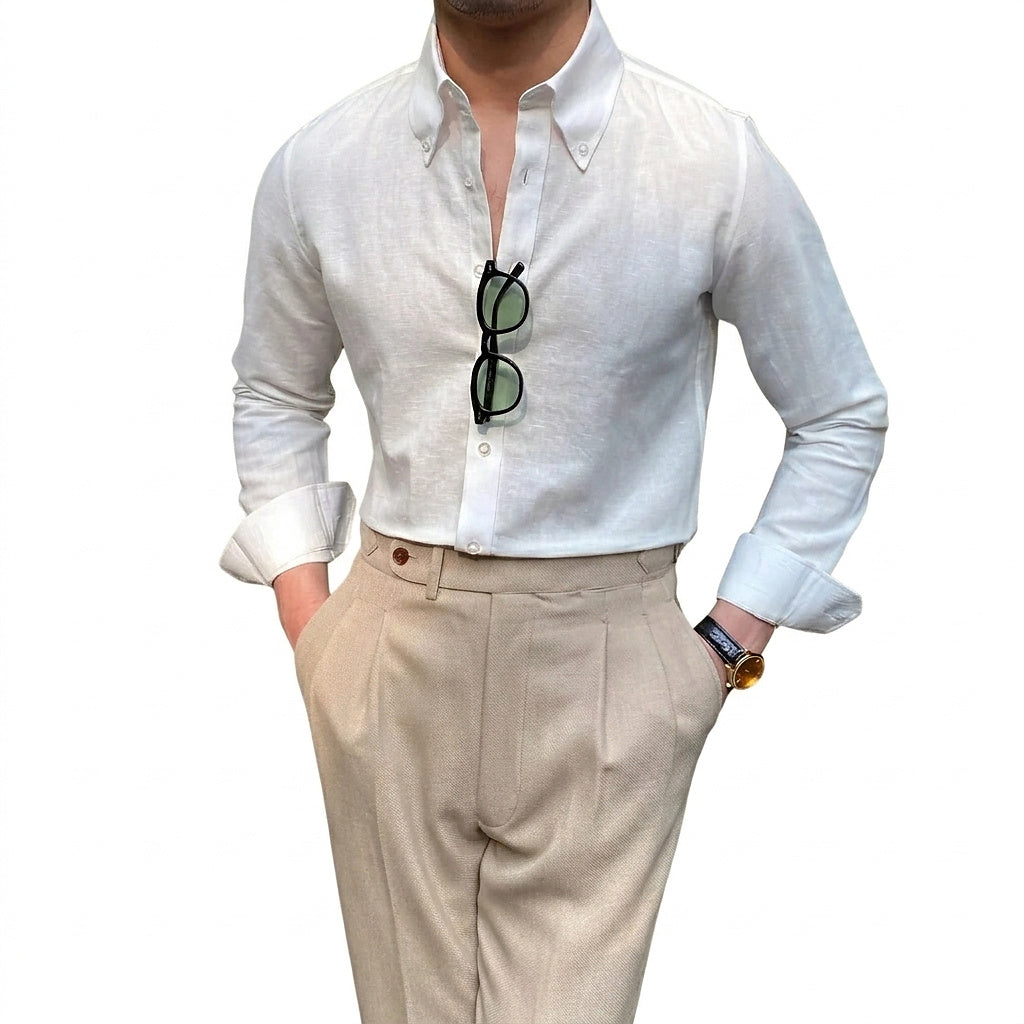 Męska koszula lniana z długim rękawem i kołnierzykiem-Shirts for men-Olave