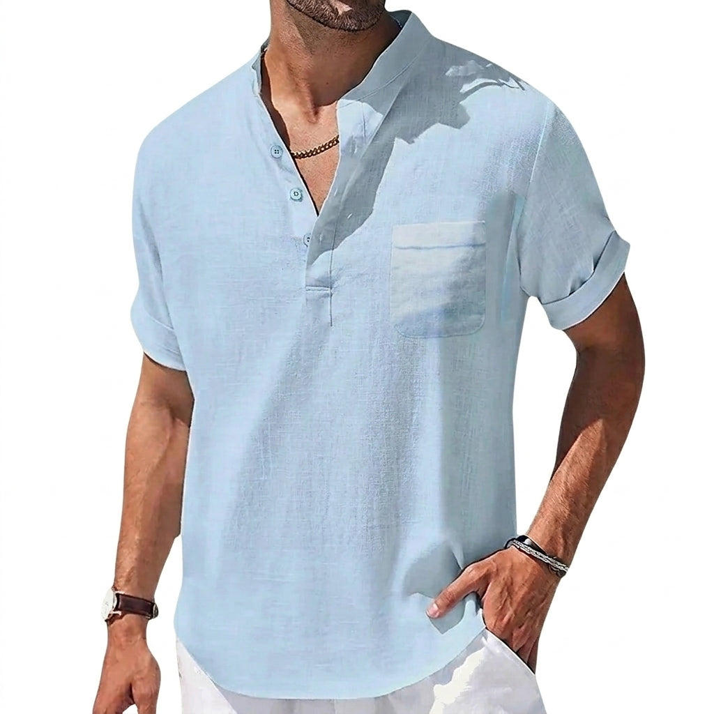Męska koszula typu henley z krótkim rękawem i stójką oraz kieszenią na piersi-Shirts for men-Olave