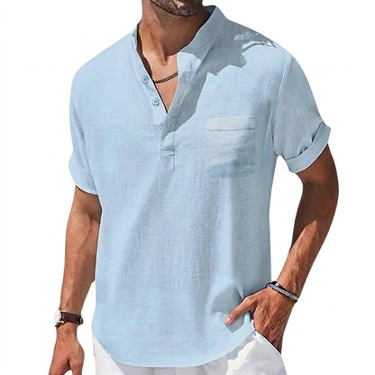 Męska koszula typu henley z krótkim rękawem i stójką oraz kieszenią na piersi-Shirts for men-Olave