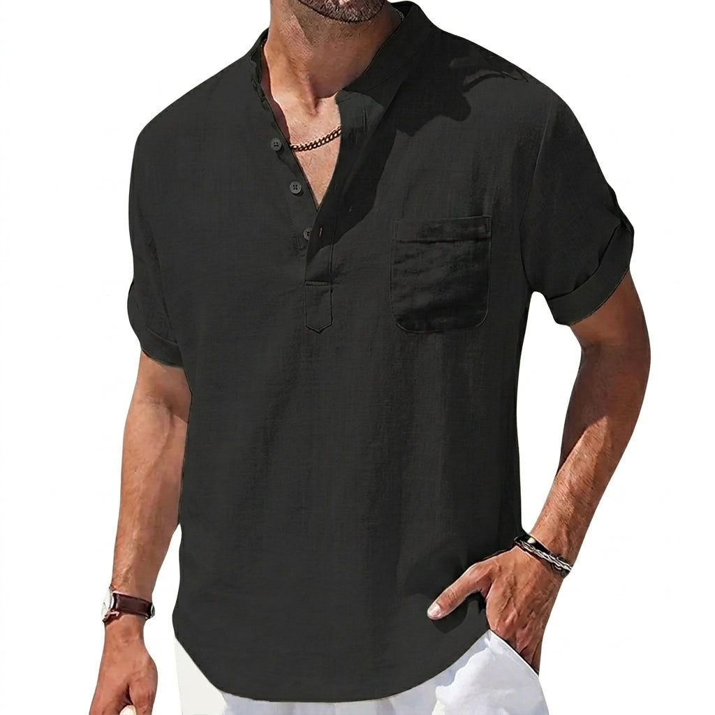 Męska koszula typu henley z krótkim rękawem i stójką oraz kieszenią na piersi-Shirts for men-Olave
