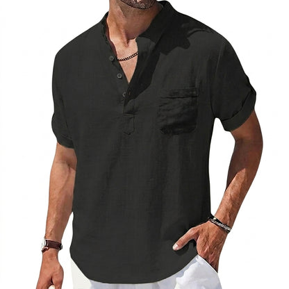 Męska koszula typu henley z krótkim rękawem i stójką oraz kieszenią na piersi-Shirts for men-Olave