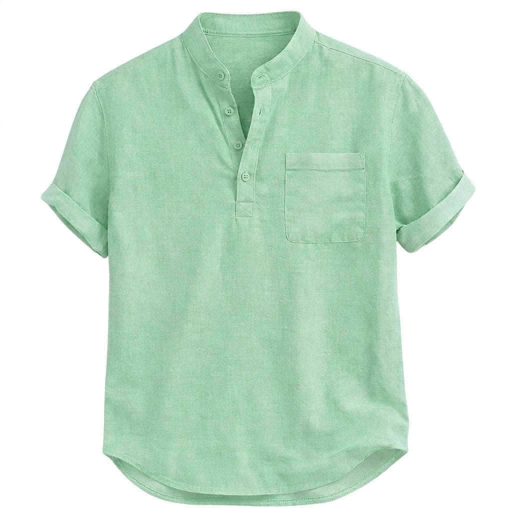 Męska koszula typu henley z krótkim rękawem i stójką oraz kieszenią na piersi-Shirts for men-Olave