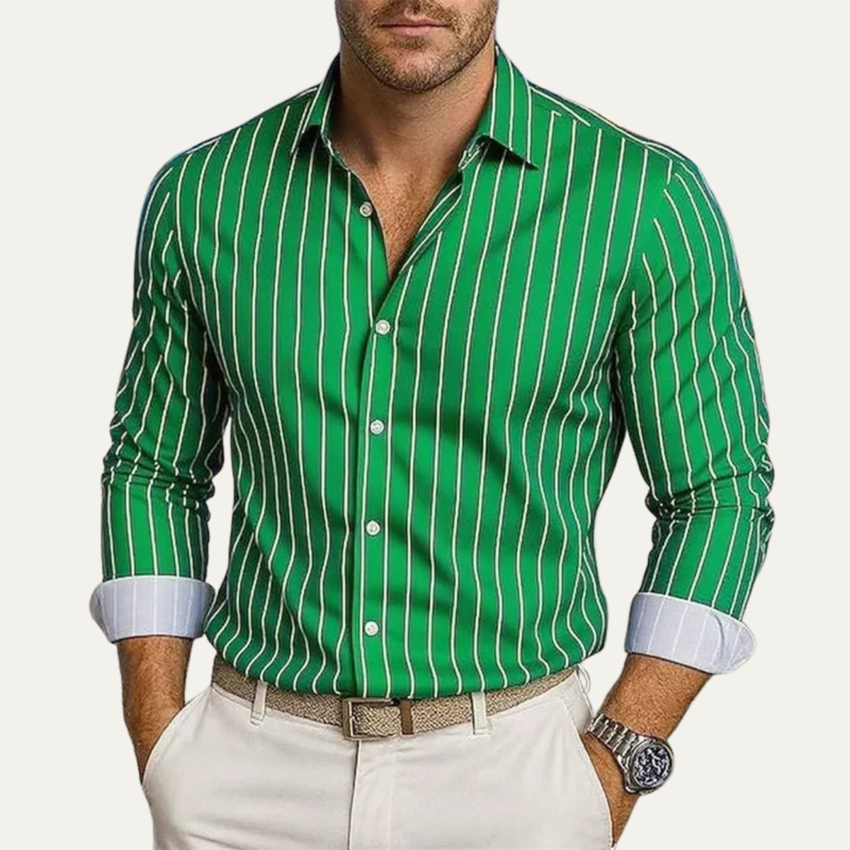 Męska Koszula w Pionowe Paski z Zapięciem na Guziki-Shirts for Men-Olave