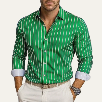 Męska Koszula w Pionowe Paski z Zapięciem na Guziki-Shirts for Men-Olave