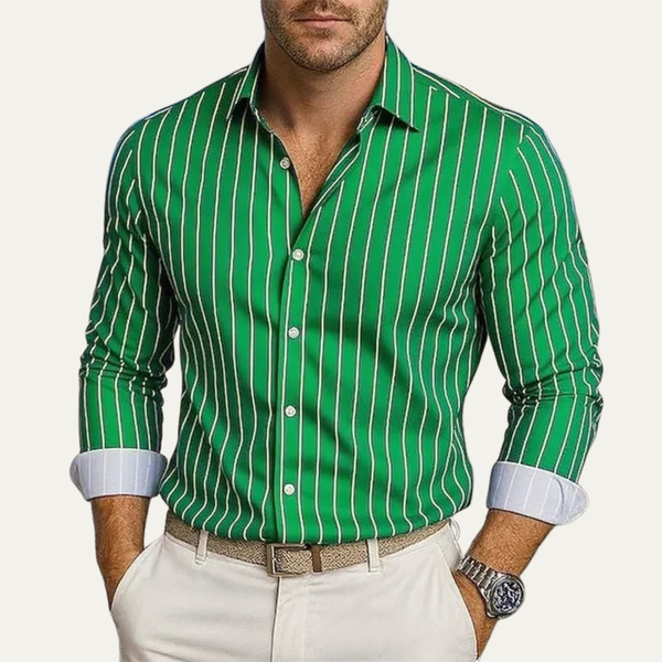 Męska Koszula w Pionowe Paski z Zapięciem na Guziki-Shirts for Men-Olave