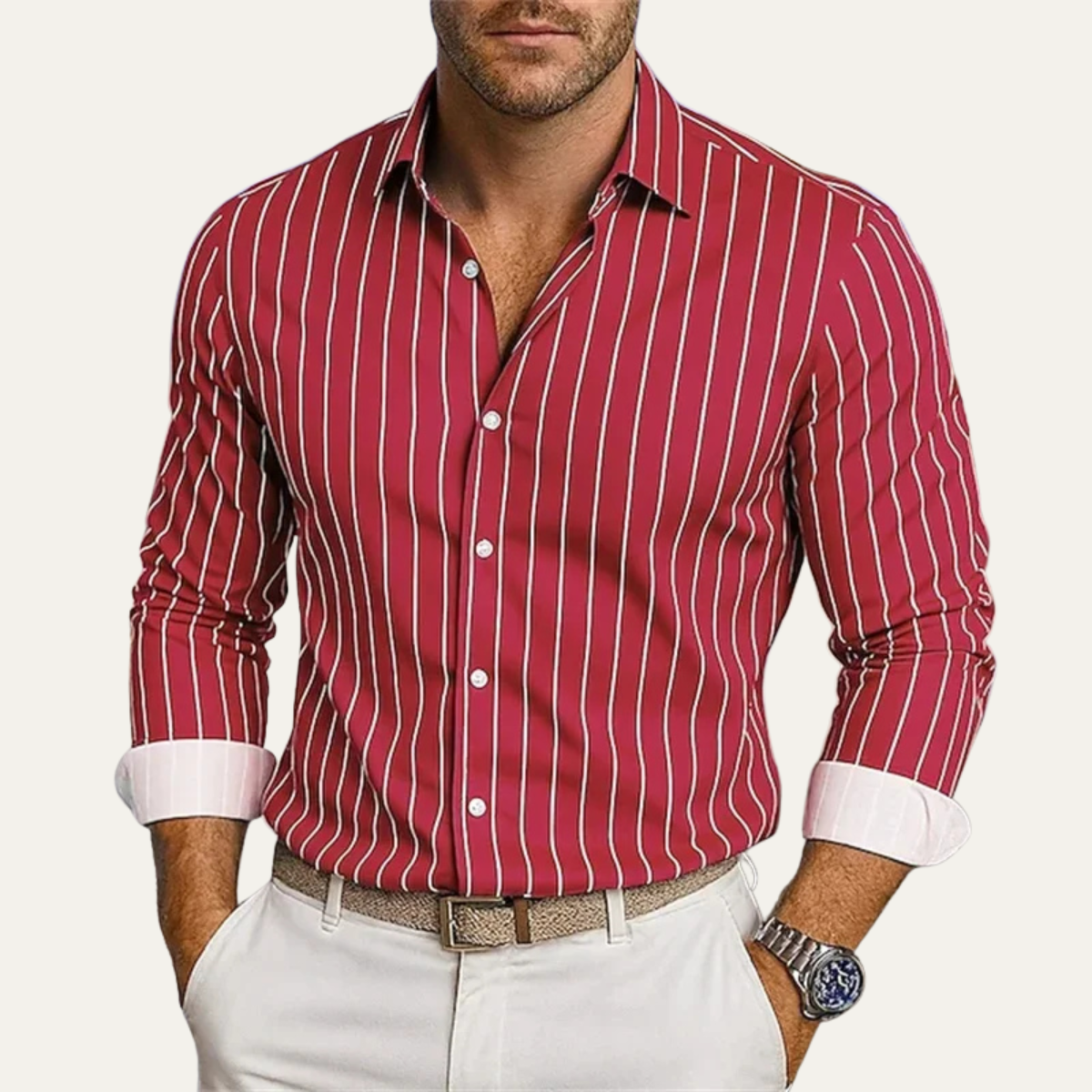 Męska Koszula w Pionowe Paski z Zapięciem na Guziki-Shirts for Men-Olave