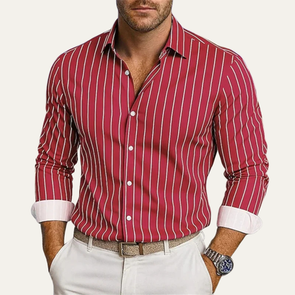 Męska Koszula w Pionowe Paski z Zapięciem na Guziki-Shirts for Men-Olave