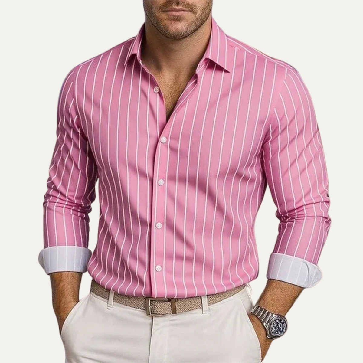 Męska Koszula w Pionowe Paski z Zapięciem na Guziki-Shirts for Men-Olave