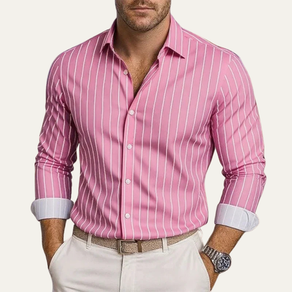 Męska Koszula w Pionowe Paski z Zapięciem na Guziki-Shirts for Men-Olave