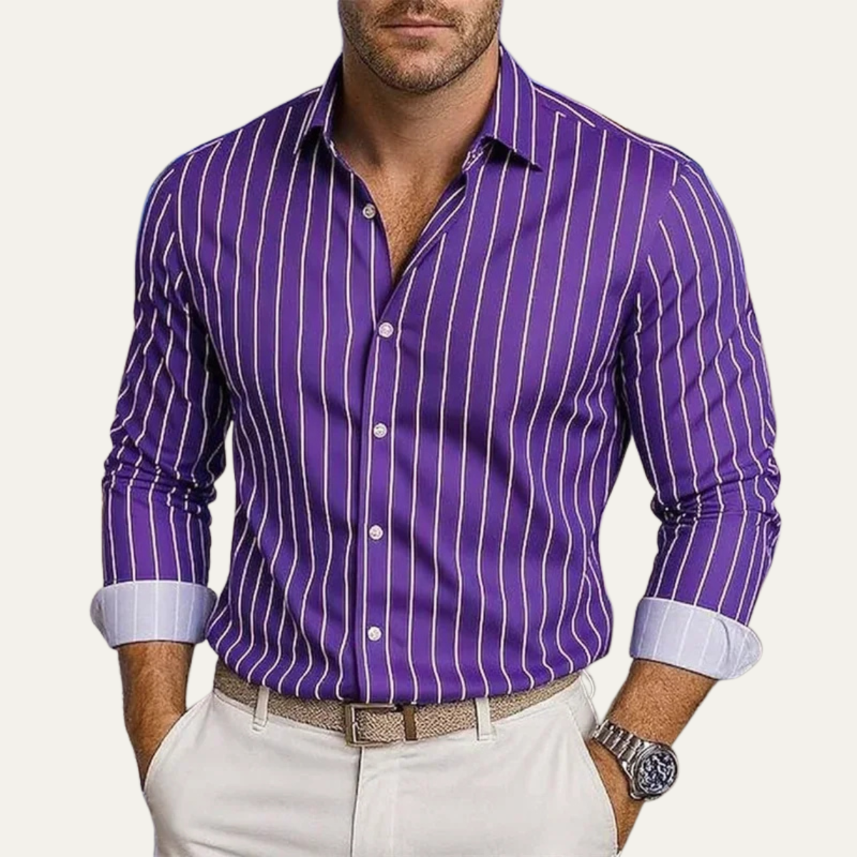 Męska Koszula w Pionowe Paski z Zapięciem na Guziki-Shirts for Men-Olave