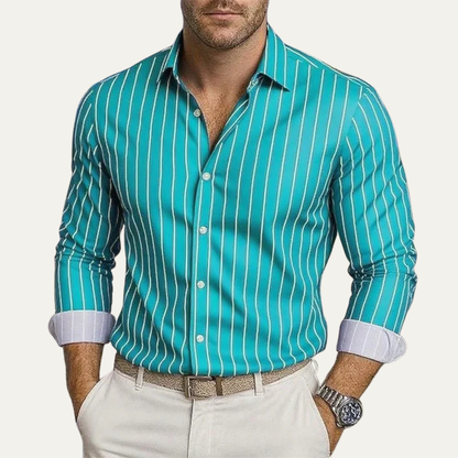 Męska Koszula w Pionowe Paski z Zapięciem na Guziki-Shirts for Men-Olave