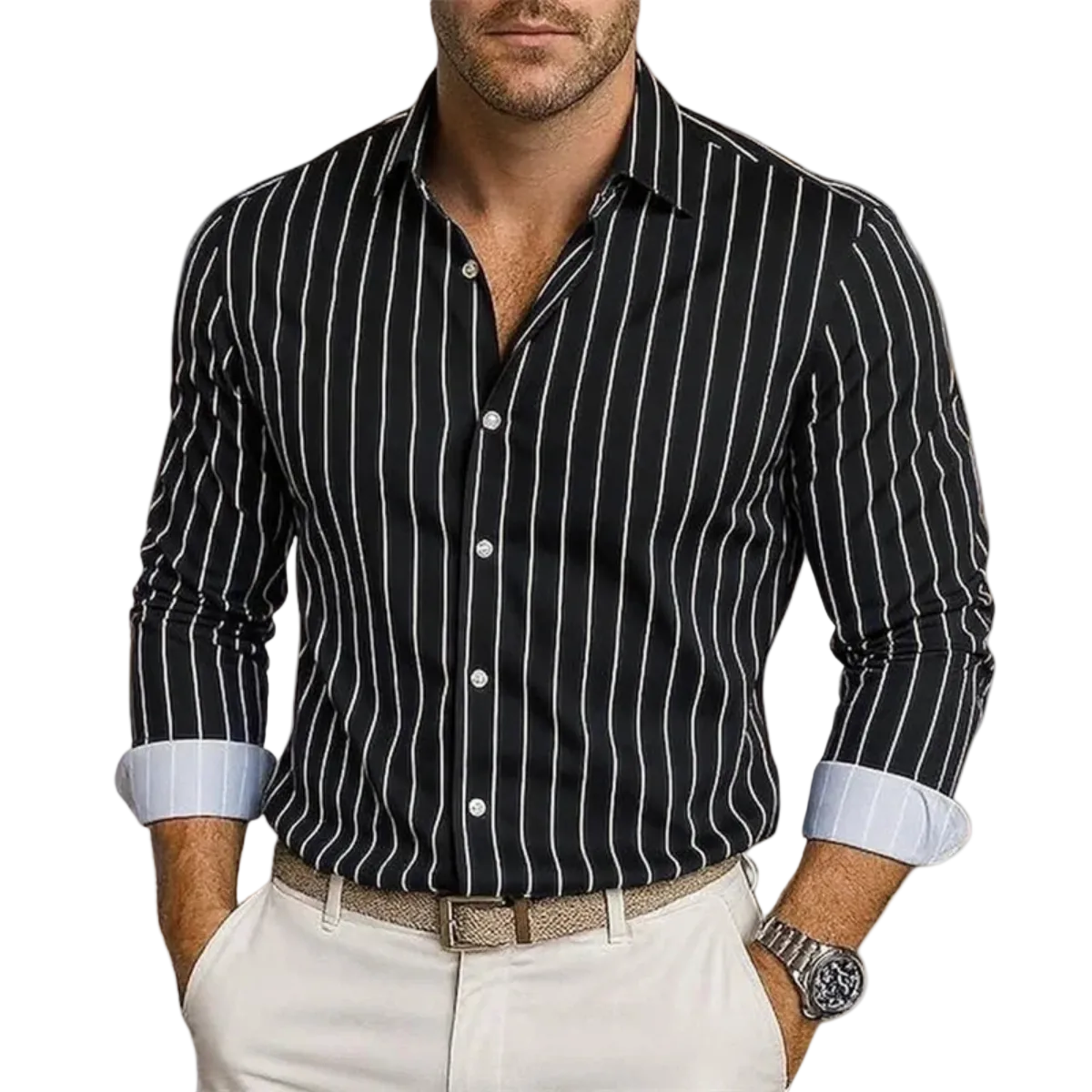 Męska Koszula w Pionowe Paski z Zapięciem na Guziki-Shirts for Men-Olave