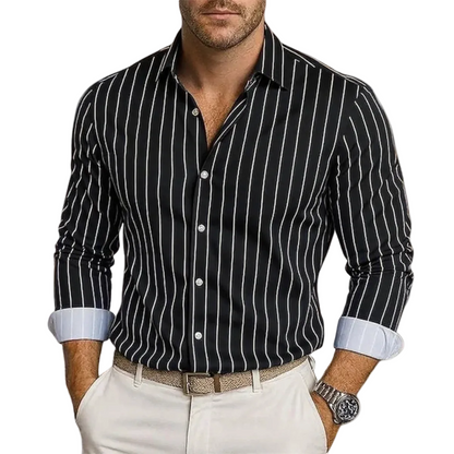 Męska Koszula w Pionowe Paski z Zapięciem na Guziki-Shirts for Men-Olave
