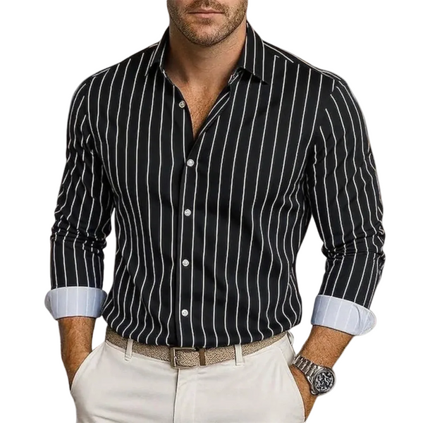 Męska Koszula w Pionowe Paski z Zapięciem na Guziki-Shirts for Men-Olave