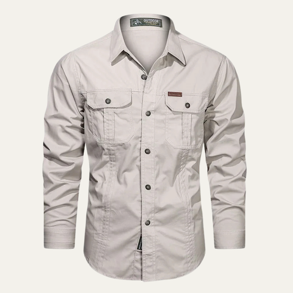 Męska koszula z długim rękawem, dwiema kieszeniami na piersi i pionowymi przeszyciami-Shirts for men-Olave