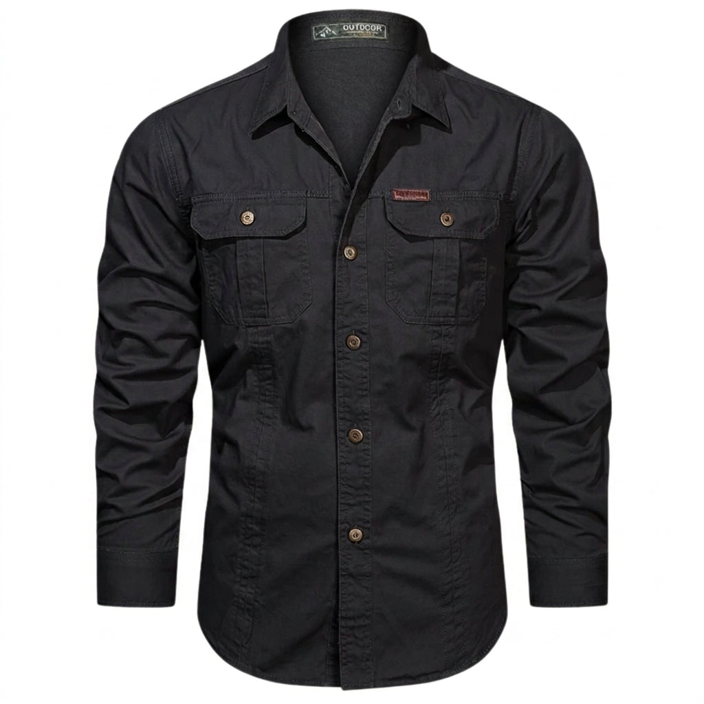 Męska koszula z długim rękawem, dwiema kieszeniami na piersi i pionowymi przeszyciami-Shirts for men-Olave