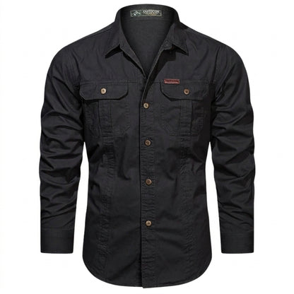 Męska koszula z długim rękawem, dwiema kieszeniami na piersi i pionowymi przeszyciami-Shirts for men-Olave