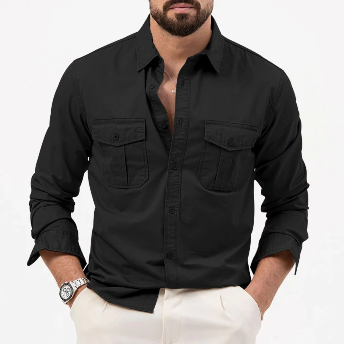 Męska koszula z długim rękawem i dwiema kieszeniami na piersi-Shirts for men-Olave