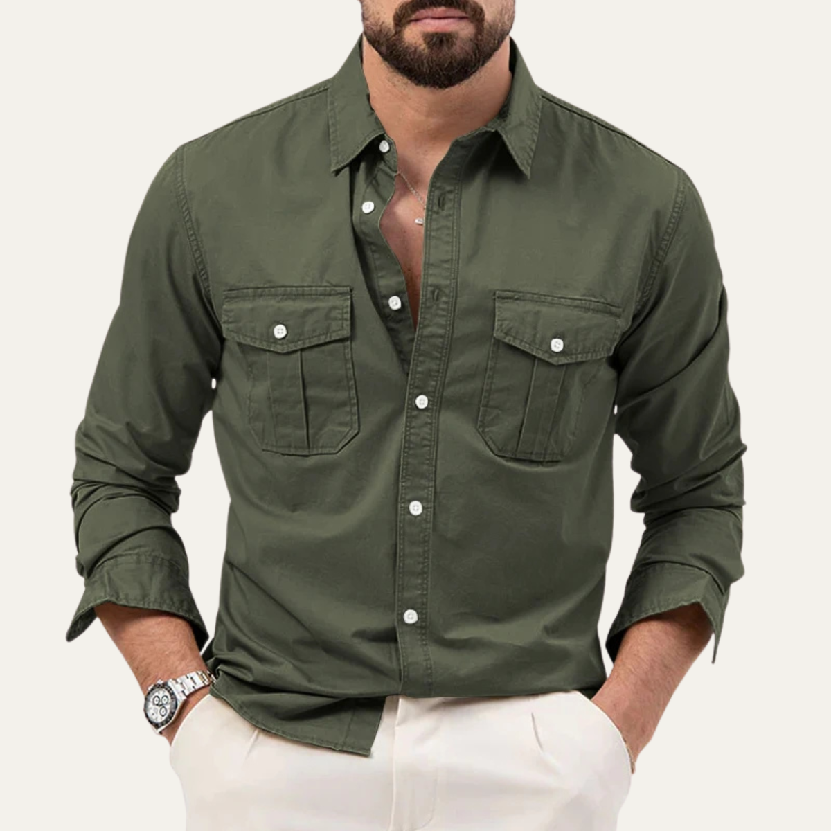 Męska koszula z długim rękawem i dwiema kieszeniami na piersi-Shirts for men-Olave