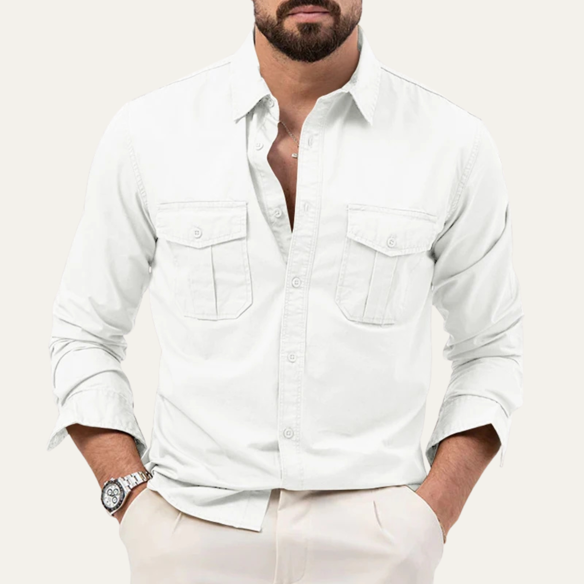 Męska koszula z długim rękawem i dwiema kieszeniami na piersi-Shirts for men-Olave