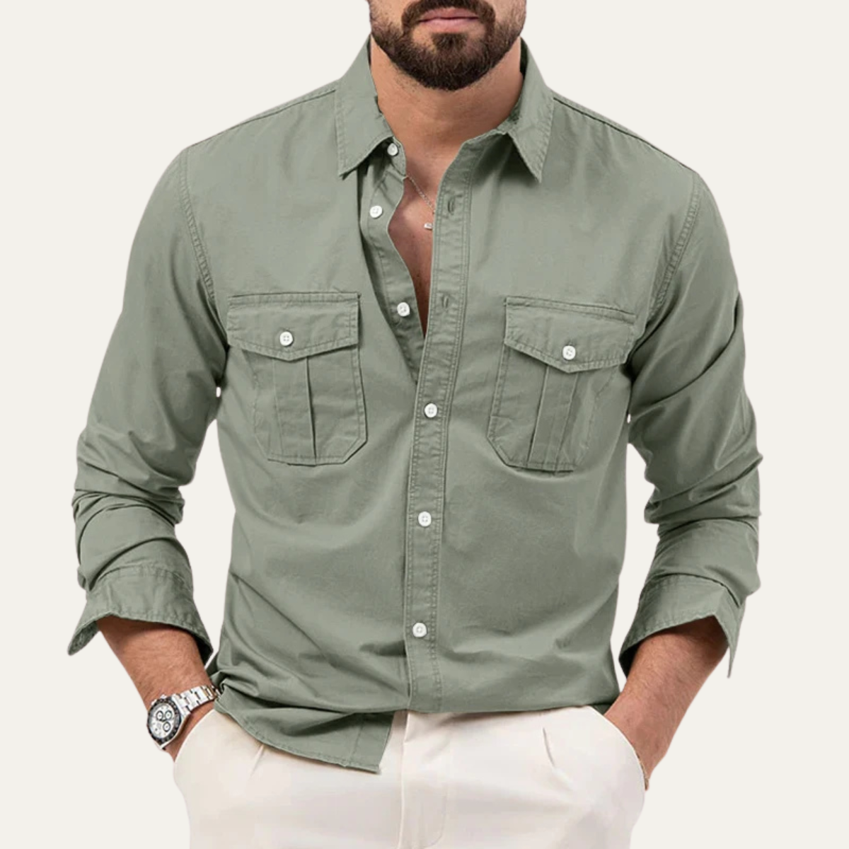 Męska koszula z długim rękawem i dwiema kieszeniami na piersi-Shirts for men-Olave