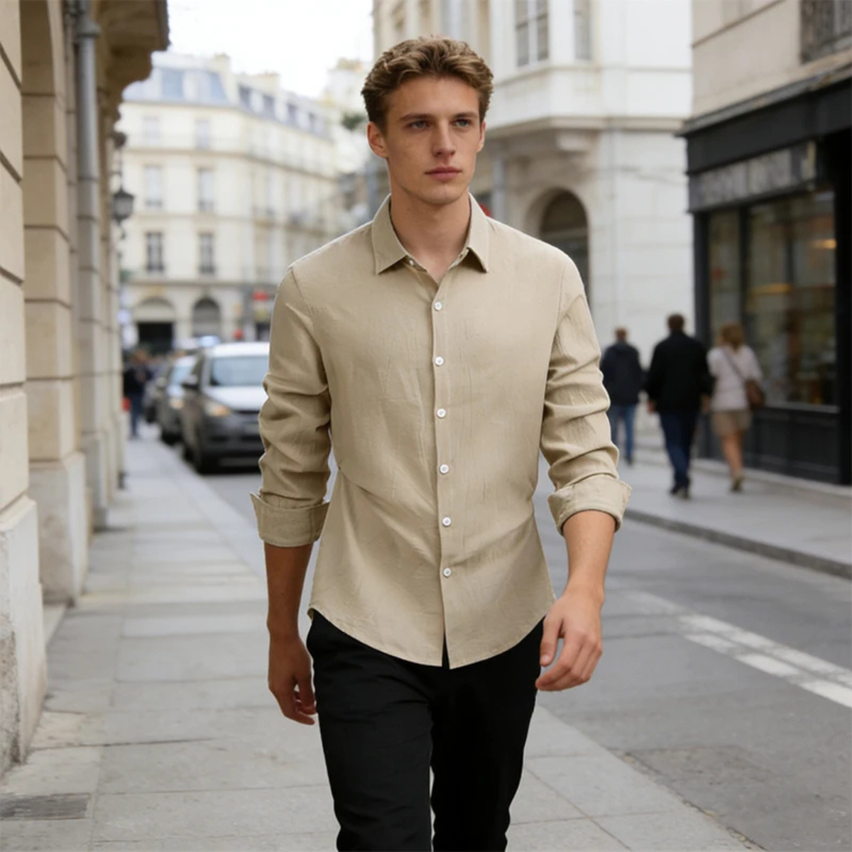 Męska koszula z długim rękawem i kołnierzem zapinana na guziki-Shirts for Men-Olave