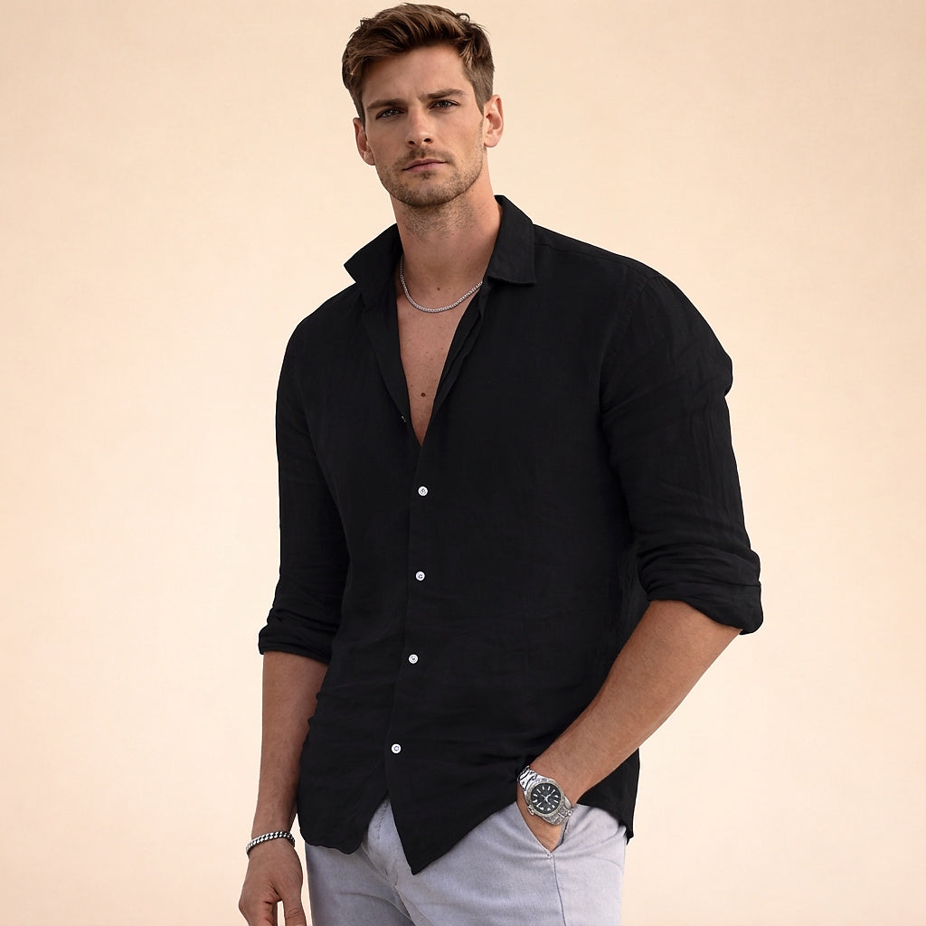 Męska koszula z długim rękawem i kołnierzykiem z teksturowanego materiału-Shirt for men-Olave