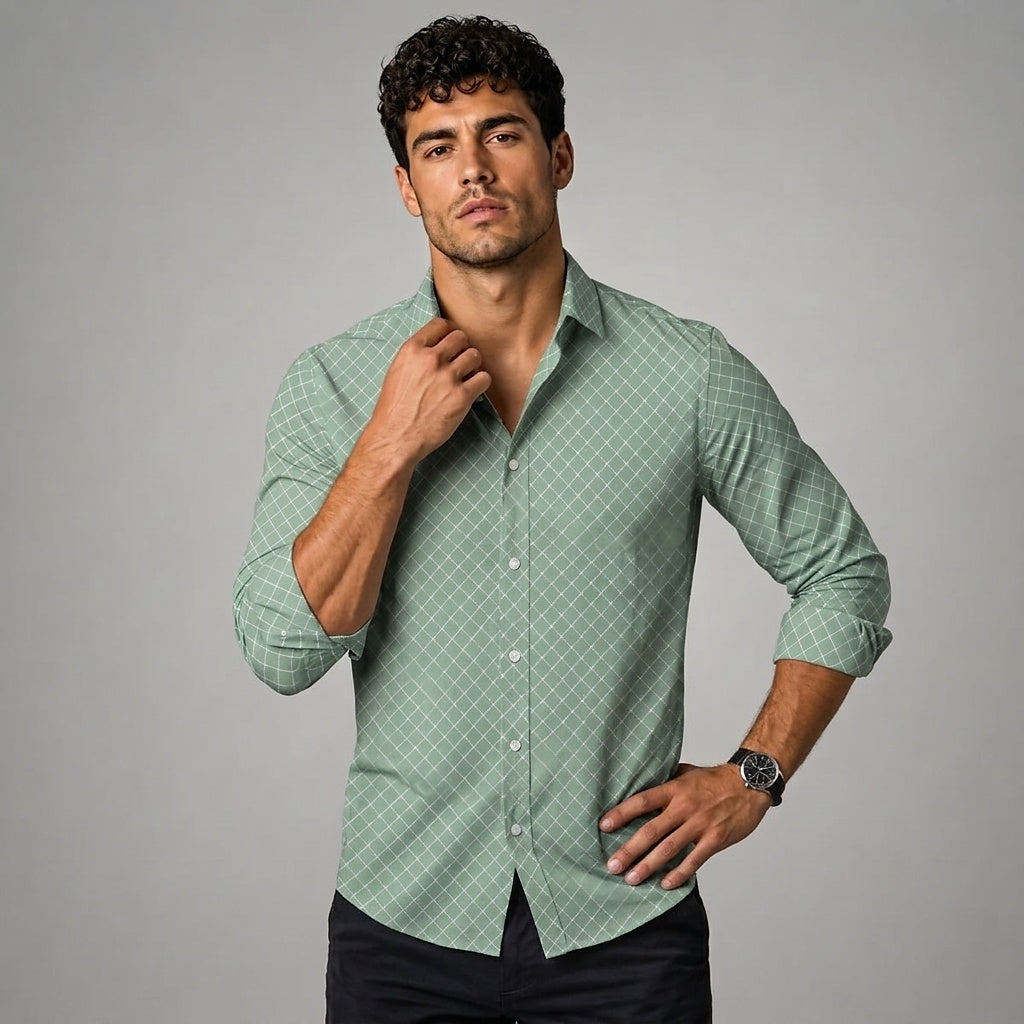 Męska koszula z długim rękawem w geometryczny wzór-Shirts for men-Olave