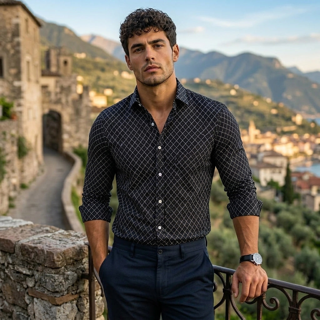 Męska koszula z długim rękawem w geometryczny wzór-Shirts for men-Olave